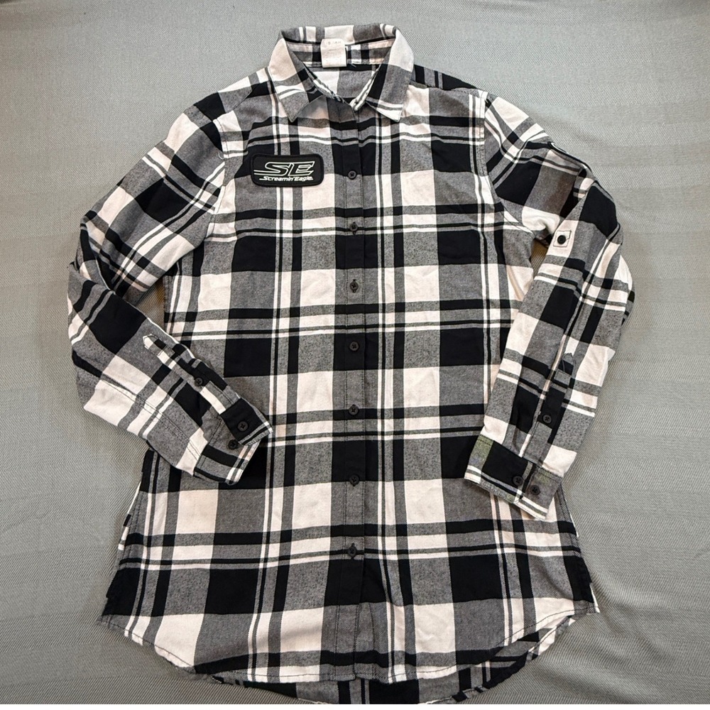 Harley Davidson Screamin Eagle Plaid Flannel Womens Small Black White Gray 2607